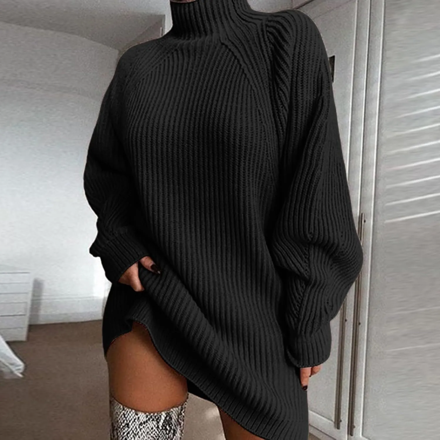 Sweater Dress for Women Turtleneck Oversized Lantern Sleeve Casual Loose Elasticity Chunky Cable Knit Pullover