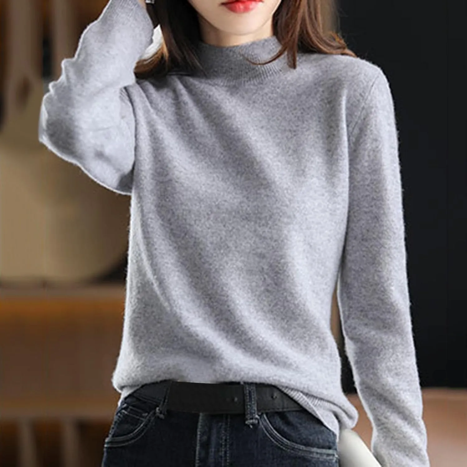 Sweater for Women Long Sleeve High Neck Knitted Pullover Plain Fall Tops Spring Loose Fit Knit Oversized Turtleneck Tunic