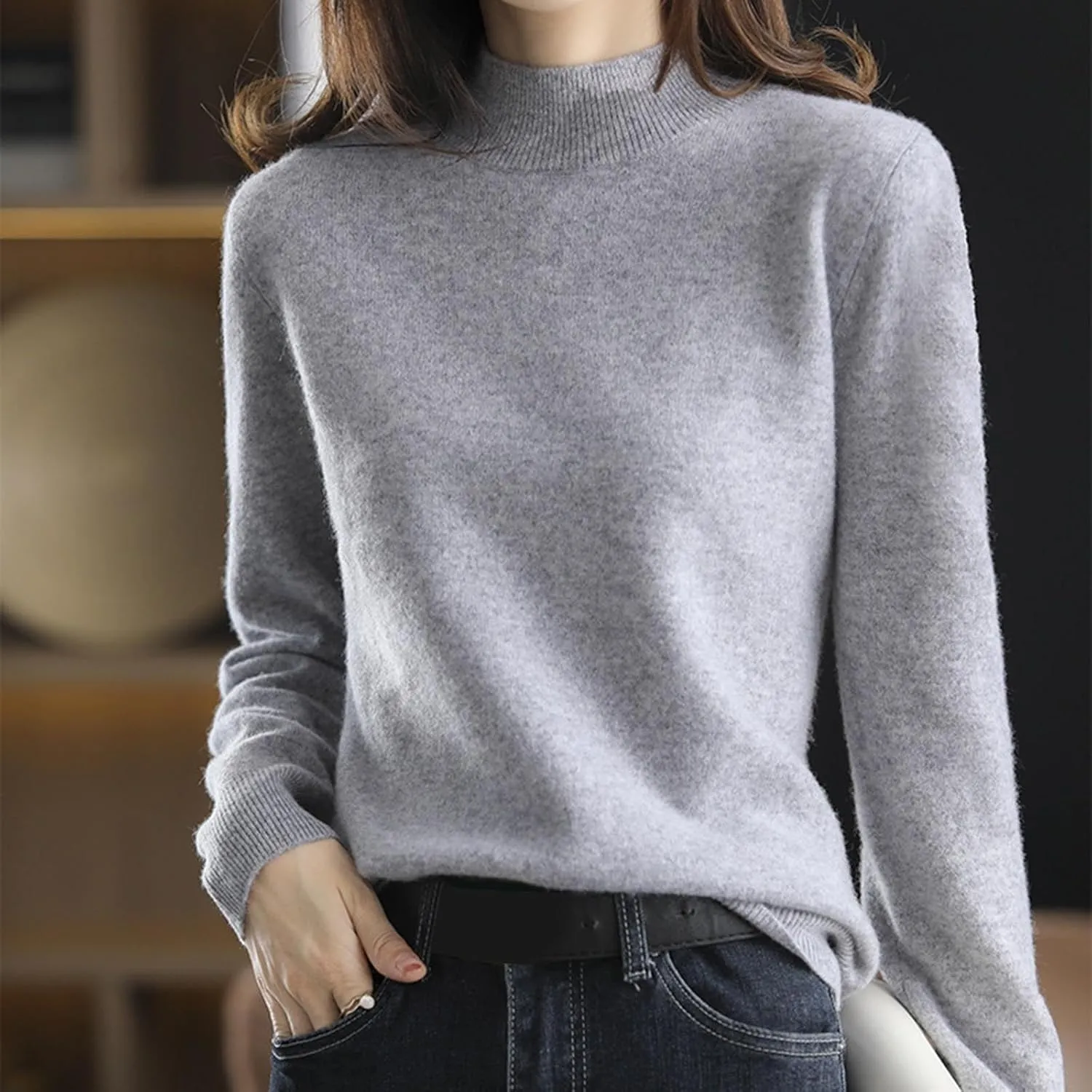 Sweater for Women Long Sleeve High Neck Knitted Pullover Plain Fall Tops Spring Loose Fit Knit Oversized Turtleneck Tunic