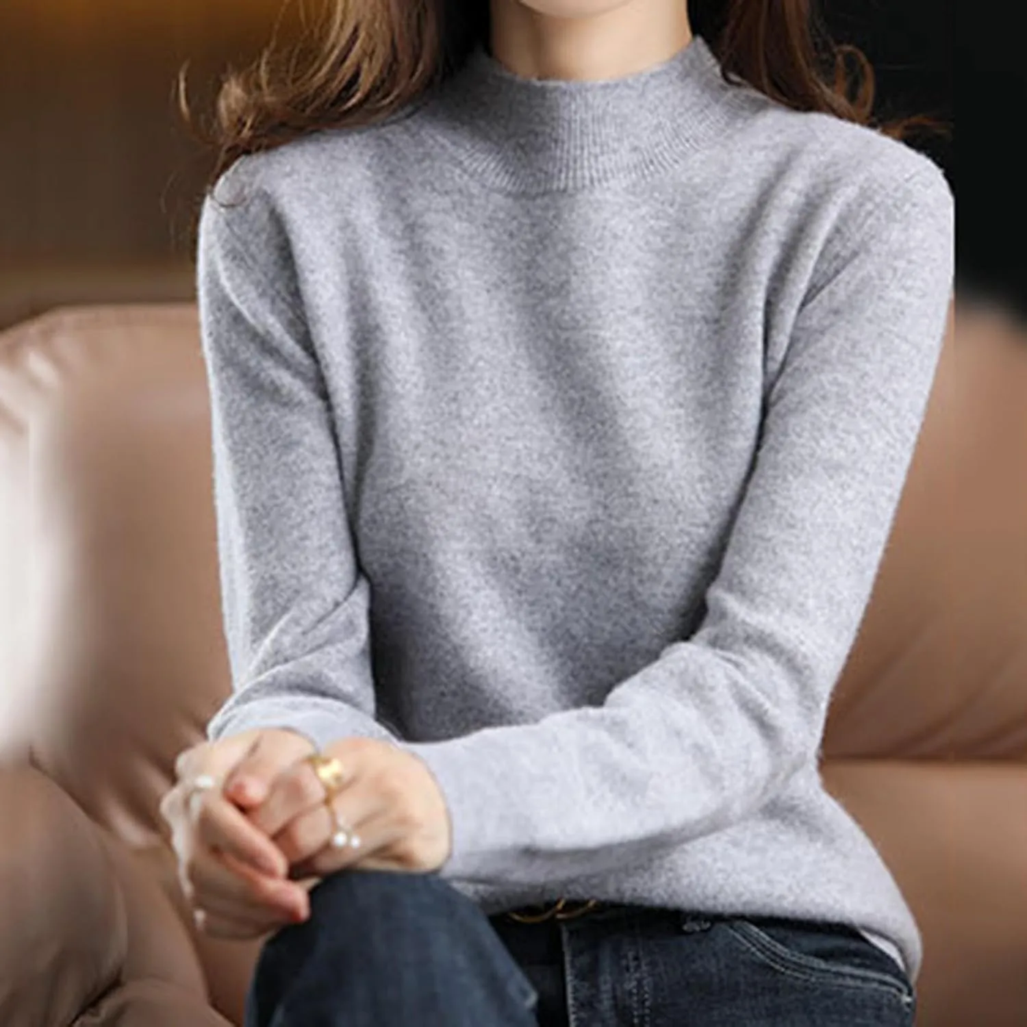Sweater for Women Long Sleeve High Neck Knitted Pullover Plain Fall Tops Spring Loose Fit Knit Oversized Turtleneck Tunic