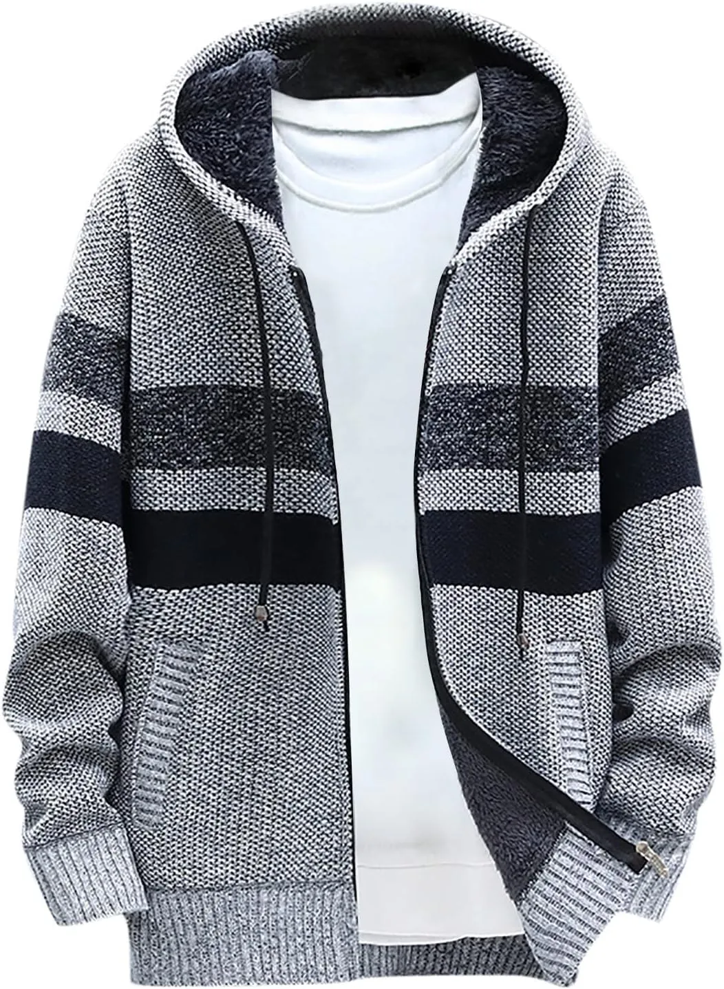 Sweater Men Casual Jackets Long Sleeve Hooded Cardigans Knit Sweater Slim Fit Lightweight Fleece Lined Sherpa Jackets