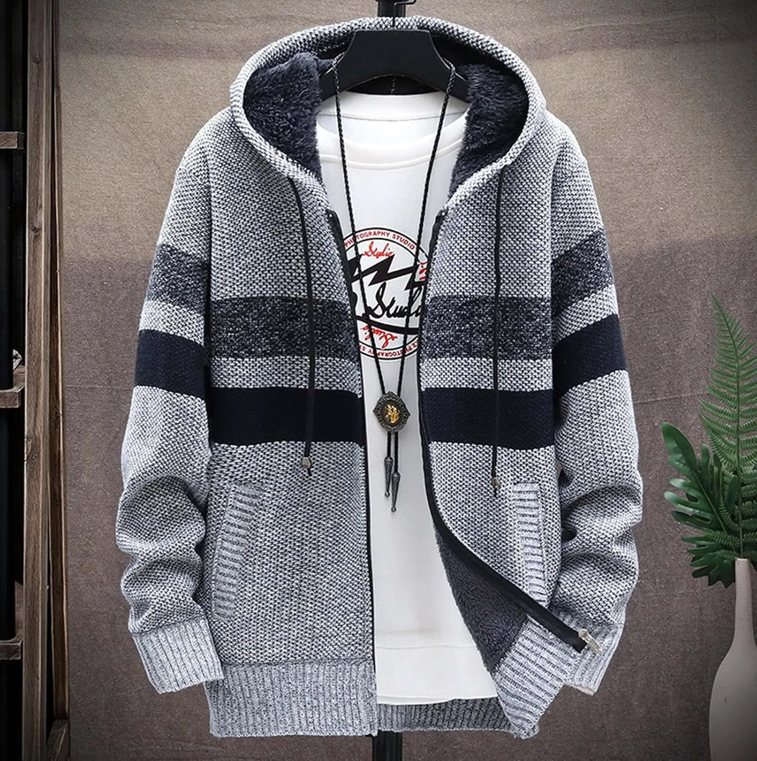 Sweater Men Casual Jackets Long Sleeve Hooded Cardigans Knit Sweater Slim Fit Lightweight Fleece Lined Sherpa Jackets