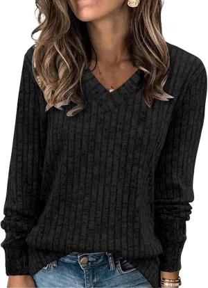 Sweaters for Women Long Sleeve V Neck Shirt Casual Lightweight Pullover Knitted Loose Tunic Tops Comfy Warm Top