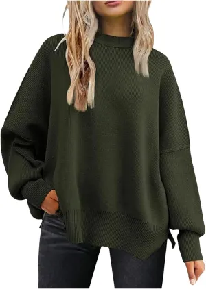 Sweaters for Women Side Slit Trendy Long Sleeve Half Turtleneck Pullover Oversized Lantern Knit Sweater Tops