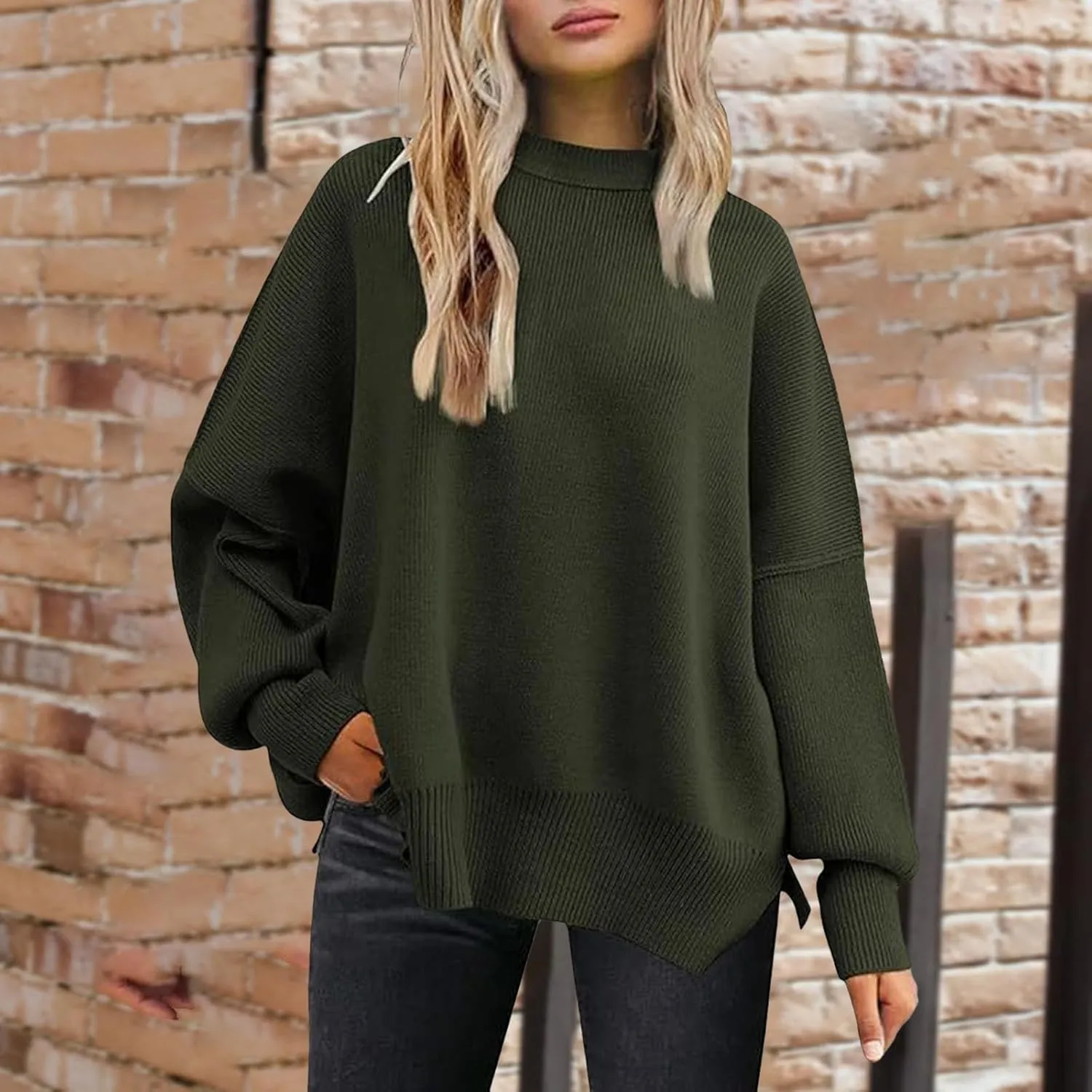 Sweaters for Women Side Slit Trendy Long Sleeve Half Turtleneck Pullover Oversized Lantern Knit Sweater Tops