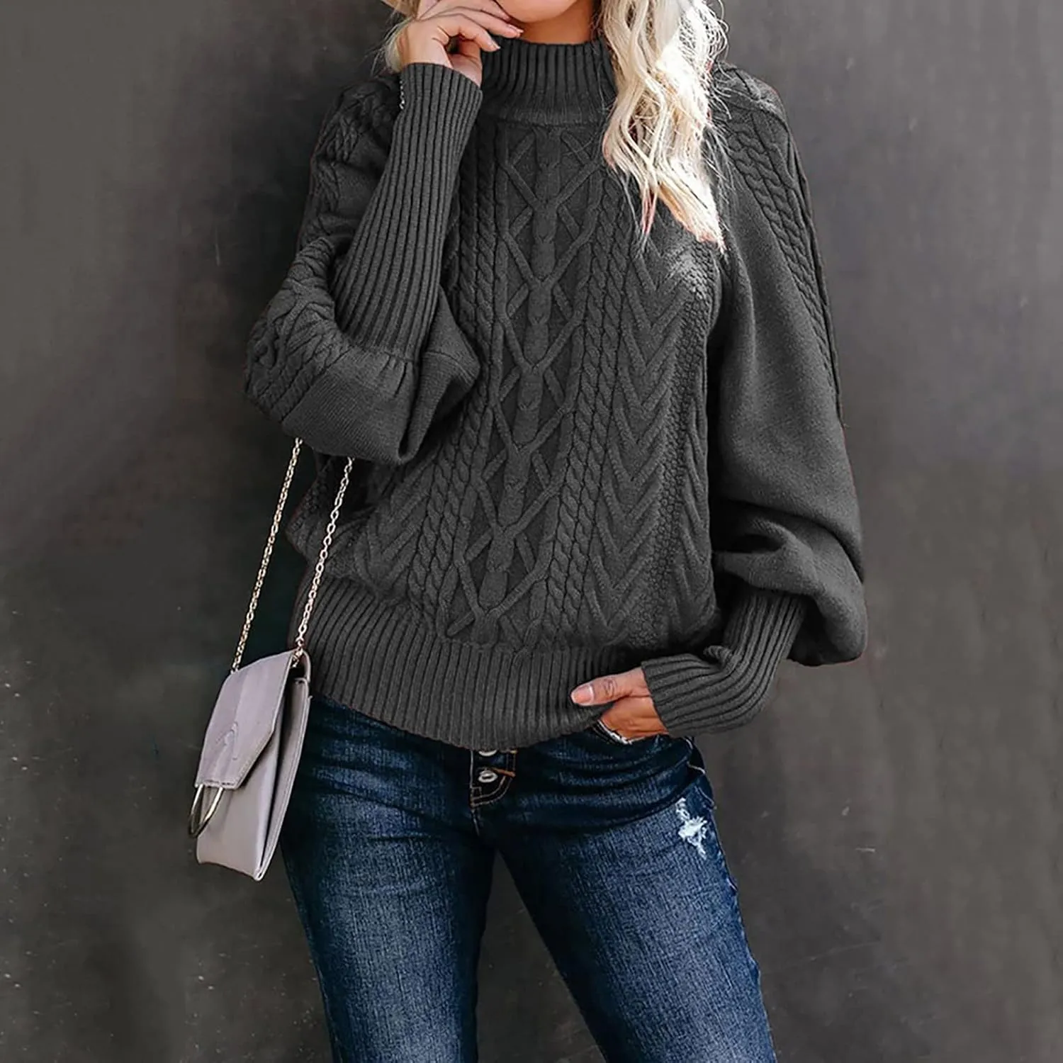 Sweaters Tops for Women Crew Neck Long Lantern Sleeve Casual Loose Ribbed Knit Solid Soft Pullover Sweaters