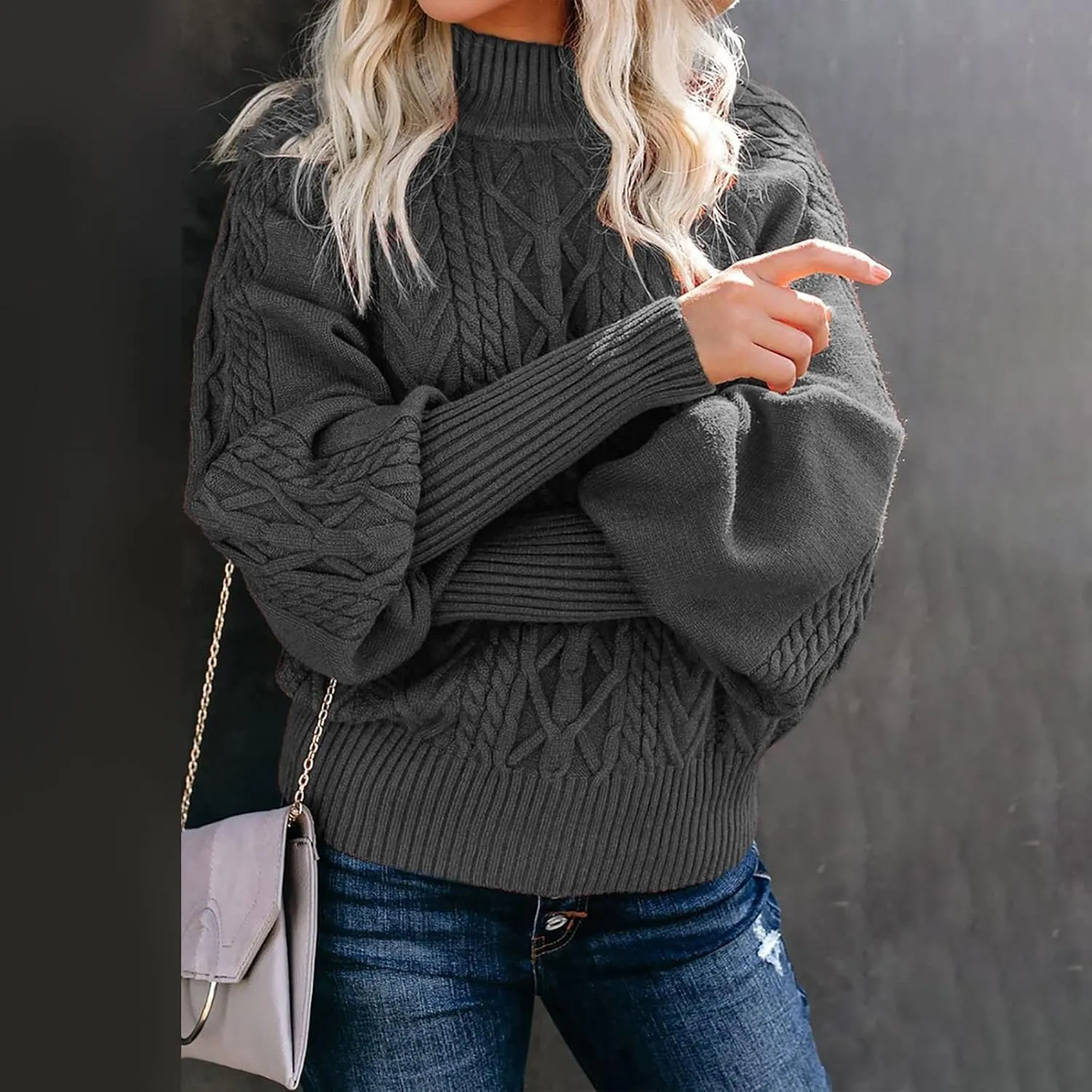 Sweaters Tops for Women Crew Neck Long Lantern Sleeve Casual Loose Ribbed Knit Solid Soft Pullover Sweaters