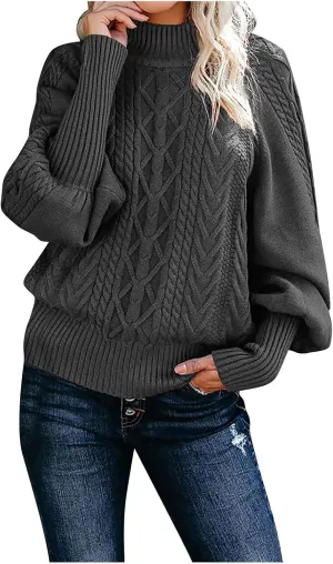 Sweaters Tops for Women Crew Neck Long Lantern Sleeve Casual Loose Ribbed Knit Solid Soft Pullover Sweaters