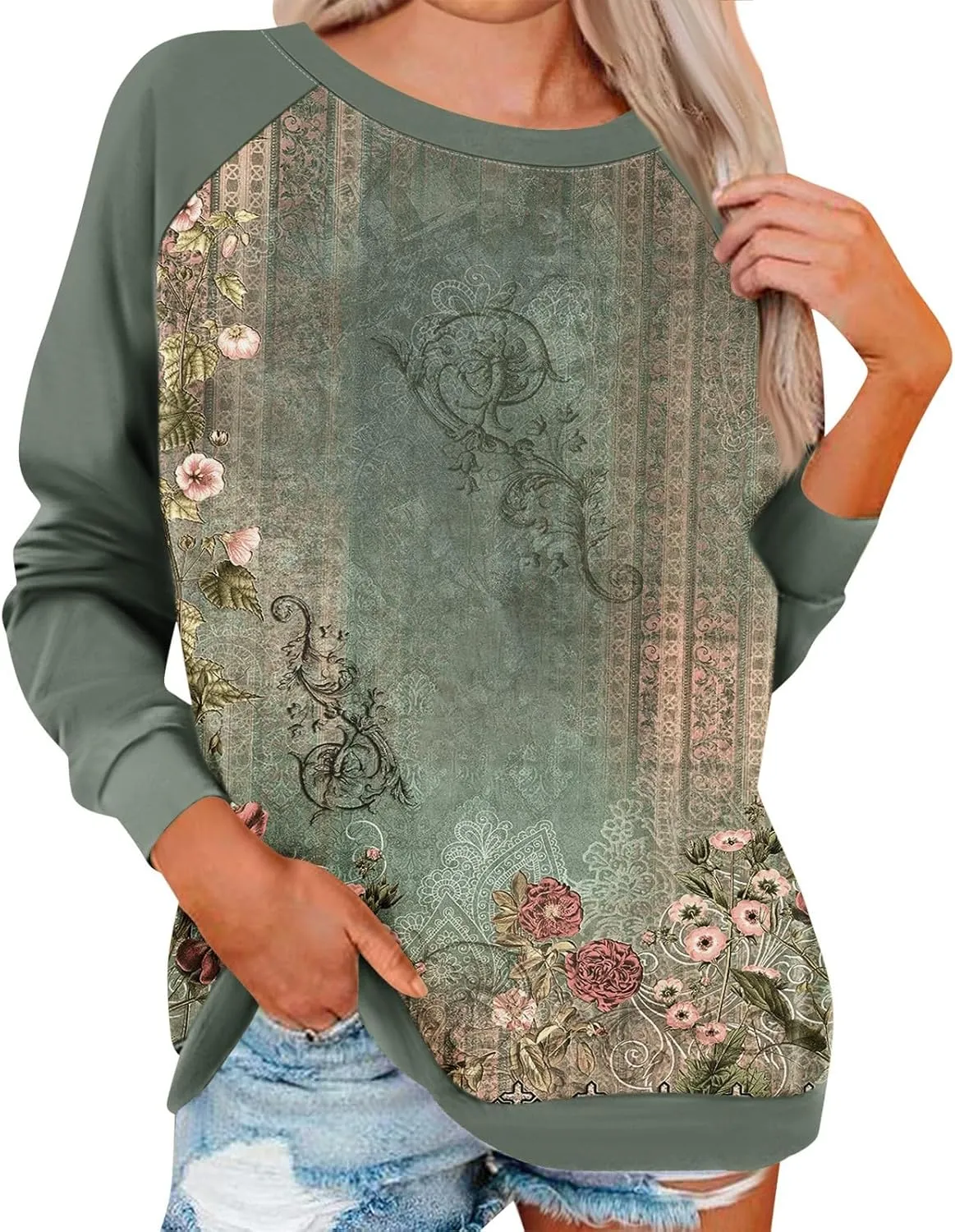 Sweatshirts for Women Floral Print Long Sleeve Cute Shirts Crewneck Graphic Plus Size Clothing Clothes