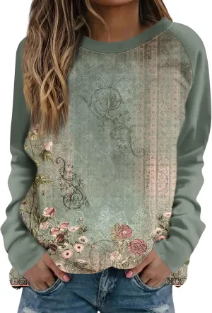 Sweatshirts for Women Floral Print Long Sleeve Cute Shirts Crewneck Graphic Plus Size Clothing Clothes