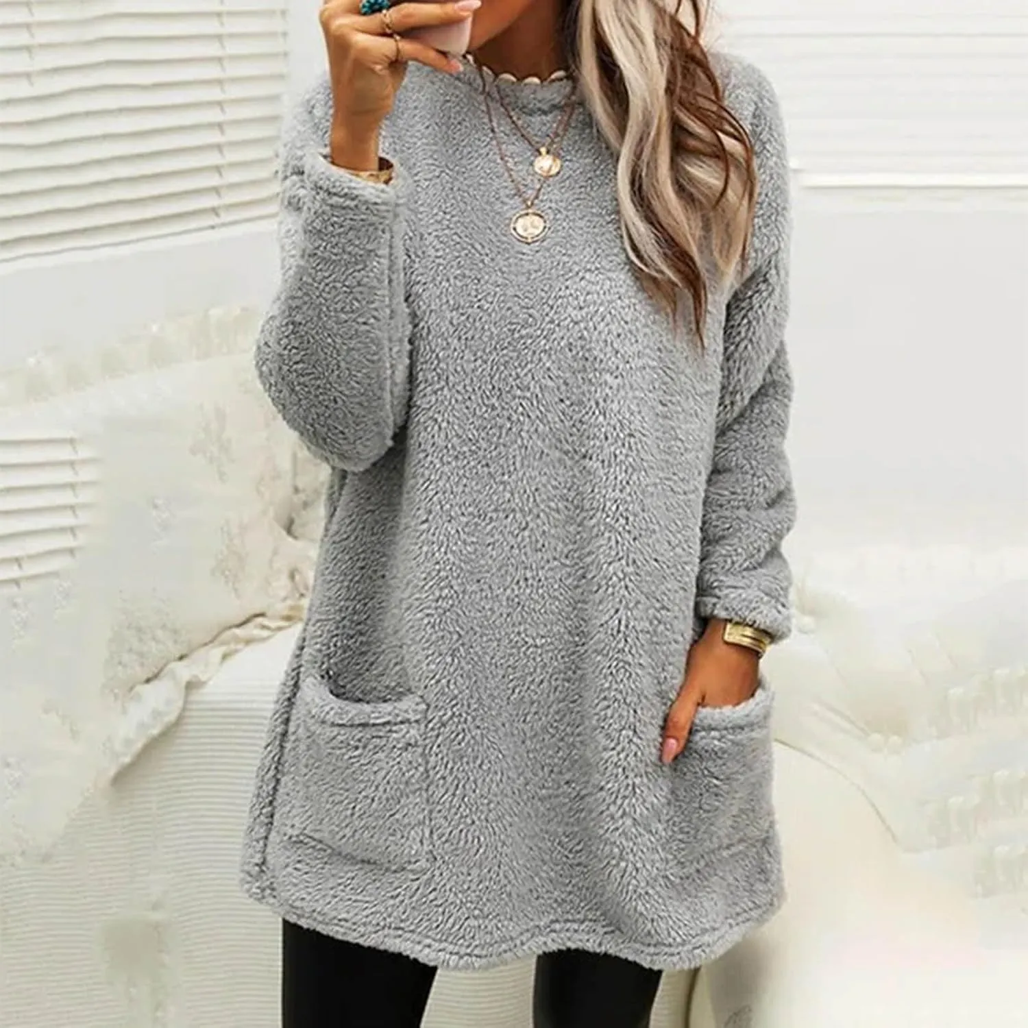 Sweatshirts for Women Fuzzy Fleece hoodie Crew Neck Long Sleeve Sherpa Pullover Tops Warm Soft Winter Fall Blouse