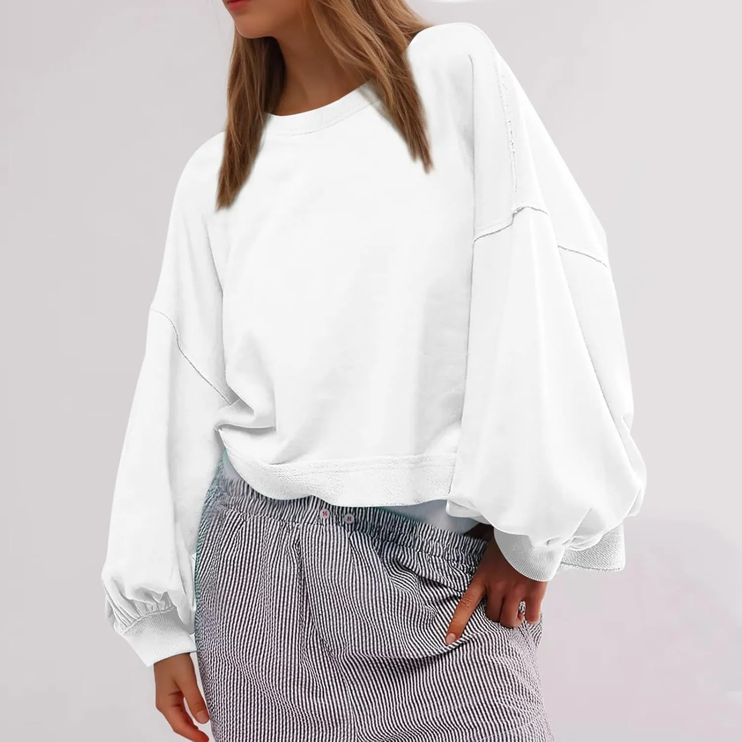 Sweatshirts for Women Puff Sleeve Pullover Tops Crewnneck Cropped Sweater Casual Fleece Jumpers Tops Fall Trendy