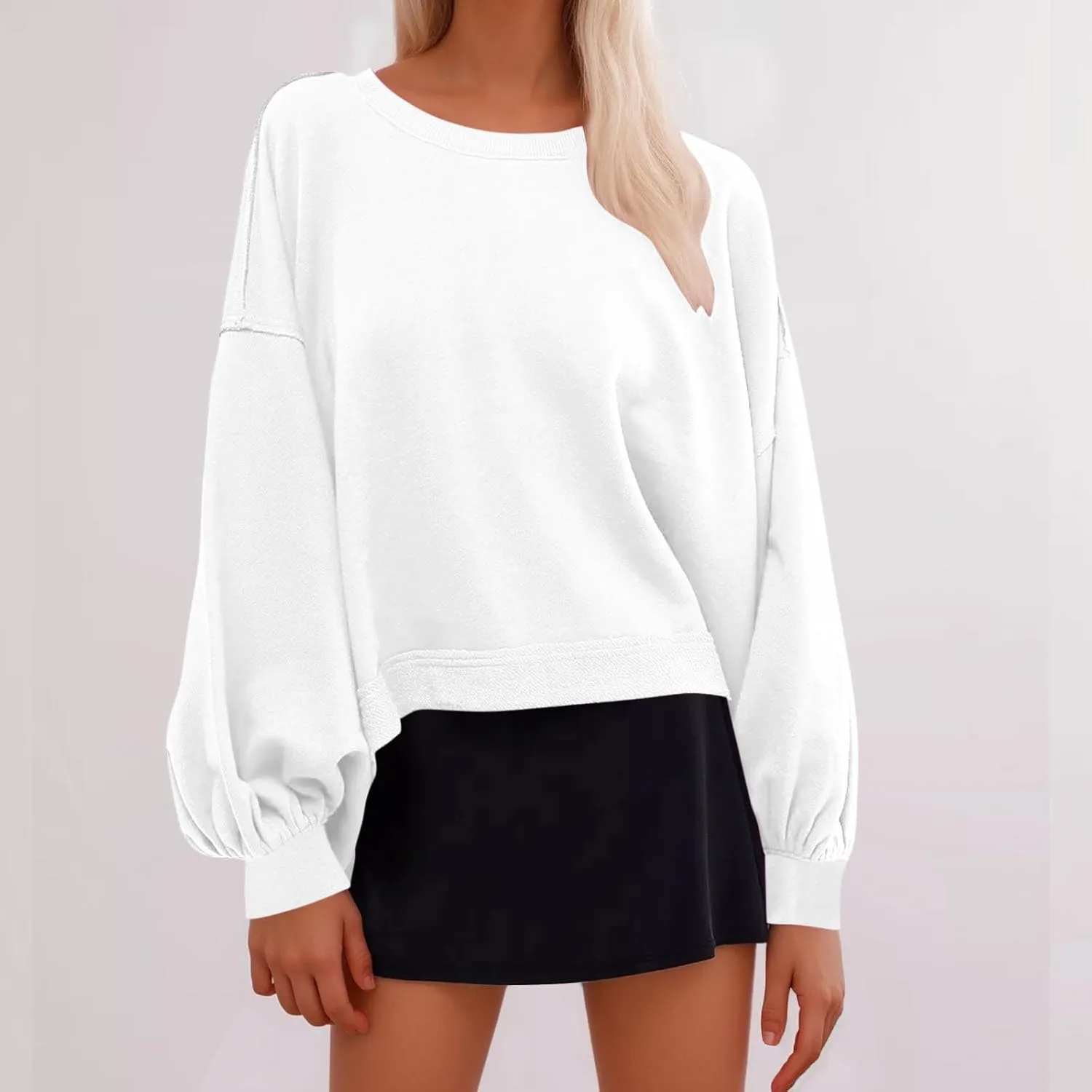 Sweatshirts for Women Puff Sleeve Pullover Tops Crewnneck Cropped Sweater Casual Fleece Jumpers Tops Fall Trendy