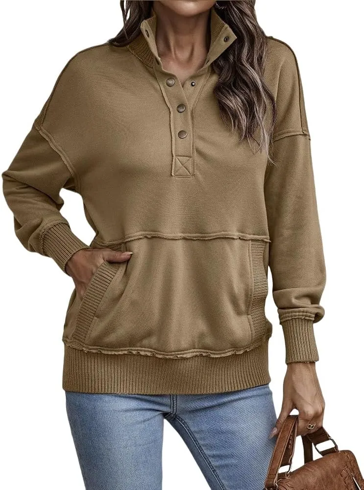 Sweatshirts for Women Trendy Casual V Neck Long Sleeve Sweatshirt Oversized Button Pullover Tops
