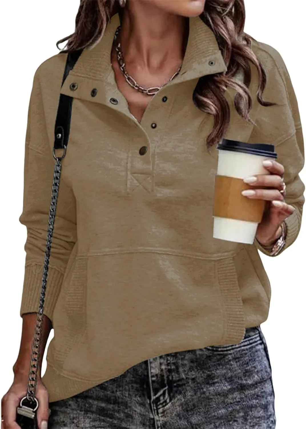 Sweatshirts for Women Trendy Casual V Neck Long Sleeve Sweatshirt Oversized Button Pullover Tops