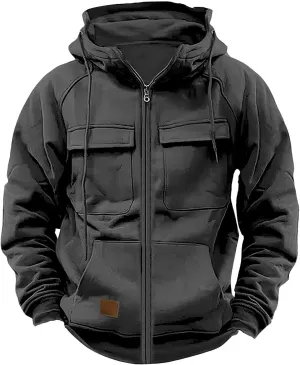 Tactical Cargo Hoodies for Men Multi Pockets Full Zip Hooded Sweatshirt Long Sleeve Drawstring Hiking Hooded Jackets