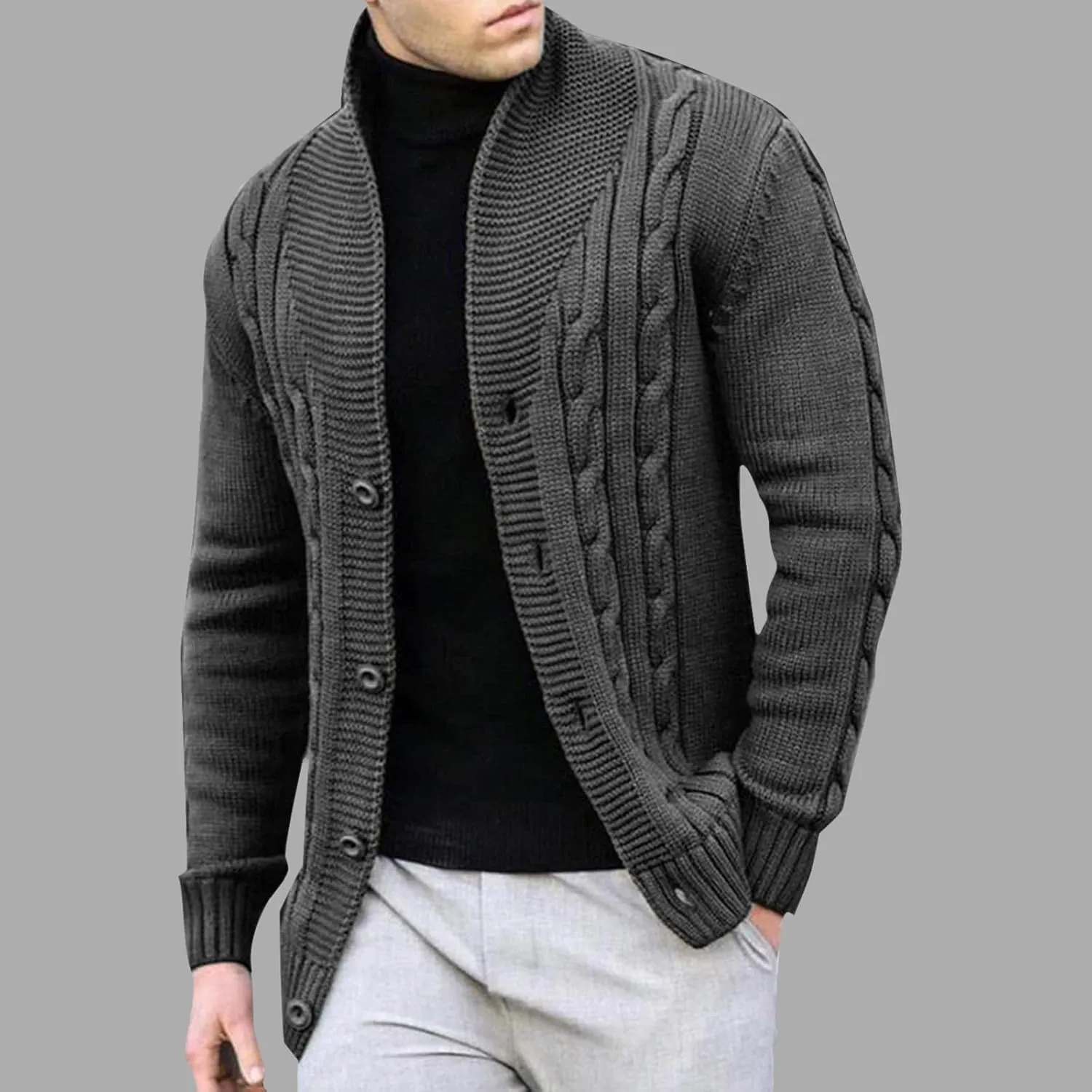 Textured Cardigan Sweaters for Men Button Down Knit Sweater Open Front Cardigan Stand Collar Jacket Thermal Outwear