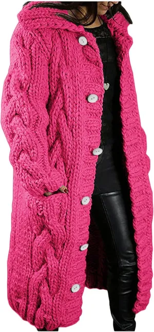 TIMIFIS Plus Size Cardigan Sweaters for Women Winter Knitted Long Coats Casual Buttons Jackets Solid Overcoat with Pocket