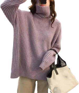 Turtleneck Oversize Knitted Sweaters Women Winter Loose Thicken Warm Solid Pullovers Female Simple Soft Sweaters