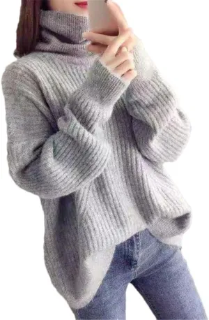 Turtleneck Oversize Knitted Sweaters Women Winter Loose Thicken Warm Solid Pullovers Female Simple Soft Sweaters