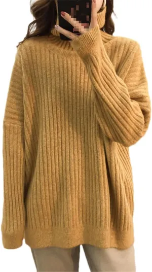 Turtleneck Oversize Knitted Sweaters Women Winter Loose Thicken Warm Solid Pullovers Female Simple Soft Sweaters