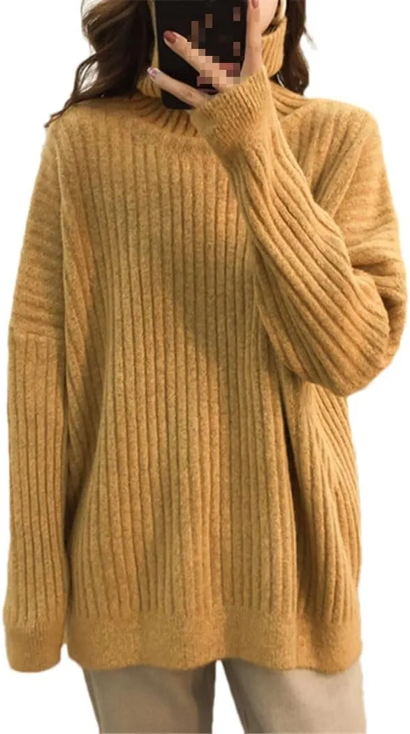 Turtleneck Oversize Knitted Sweaters Women Winter Loose Thicken Warm Solid Pullovers Female Simple Soft Sweaters