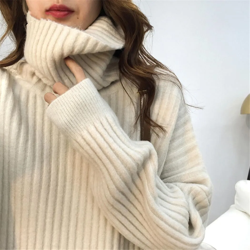 Turtleneck Oversize Knitted Sweaters Women Winter Loose Thicken Warm Solid Pullovers Female Simple Soft Sweaters