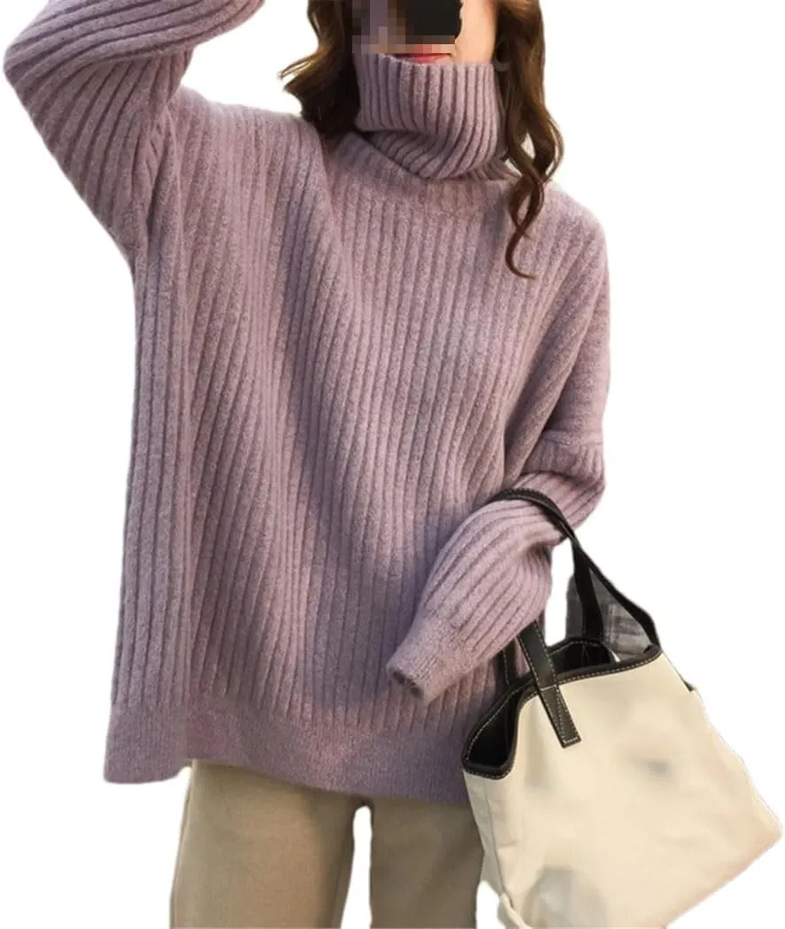 Turtleneck Oversize Knitted Sweaters Women Winter Loose Thicken Warm Solid Pullovers Female Simple Soft Sweaters