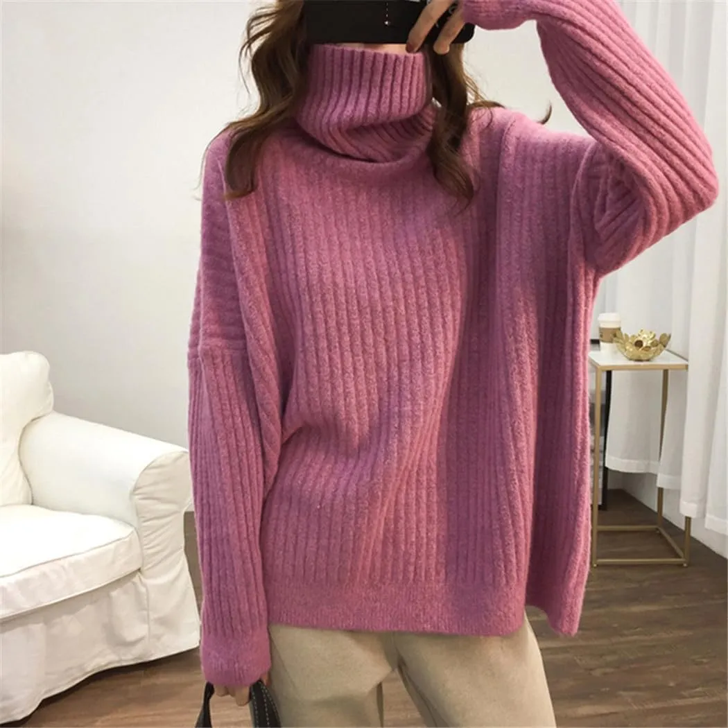 Turtleneck Oversize Knitted Sweaters Women Winter Loose Thicken Warm Solid Pullovers Female Simple Soft Sweaters