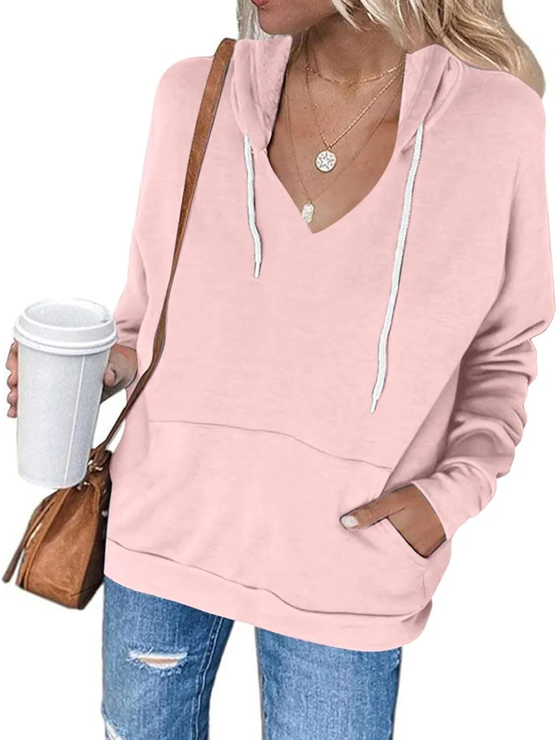 V Neck Hoodie for Women Loose Fit Lounge Long Sleeve Fleece Sweatshirt Pocket Drawstring Slouchy 2024 Fall Pullover