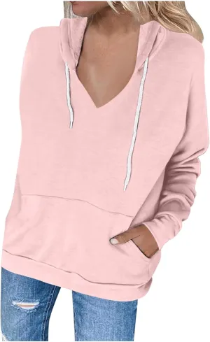 V Neck Hoodie for Women Loose Fit Lounge Long Sleeve Fleece Sweatshirt Pocket Drawstring Slouchy 2024 Fall Pullover