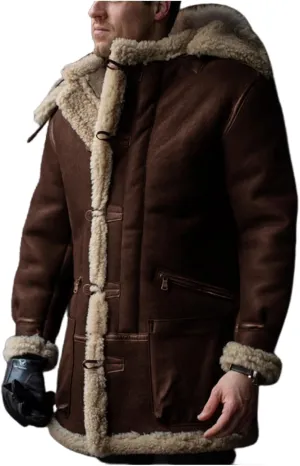 Wankang Faux Fur Coat Men Fleece Sherpa Lined Faux Leather Trench Coat Men Suede Shearling Jacket Long Trench Coat for Men