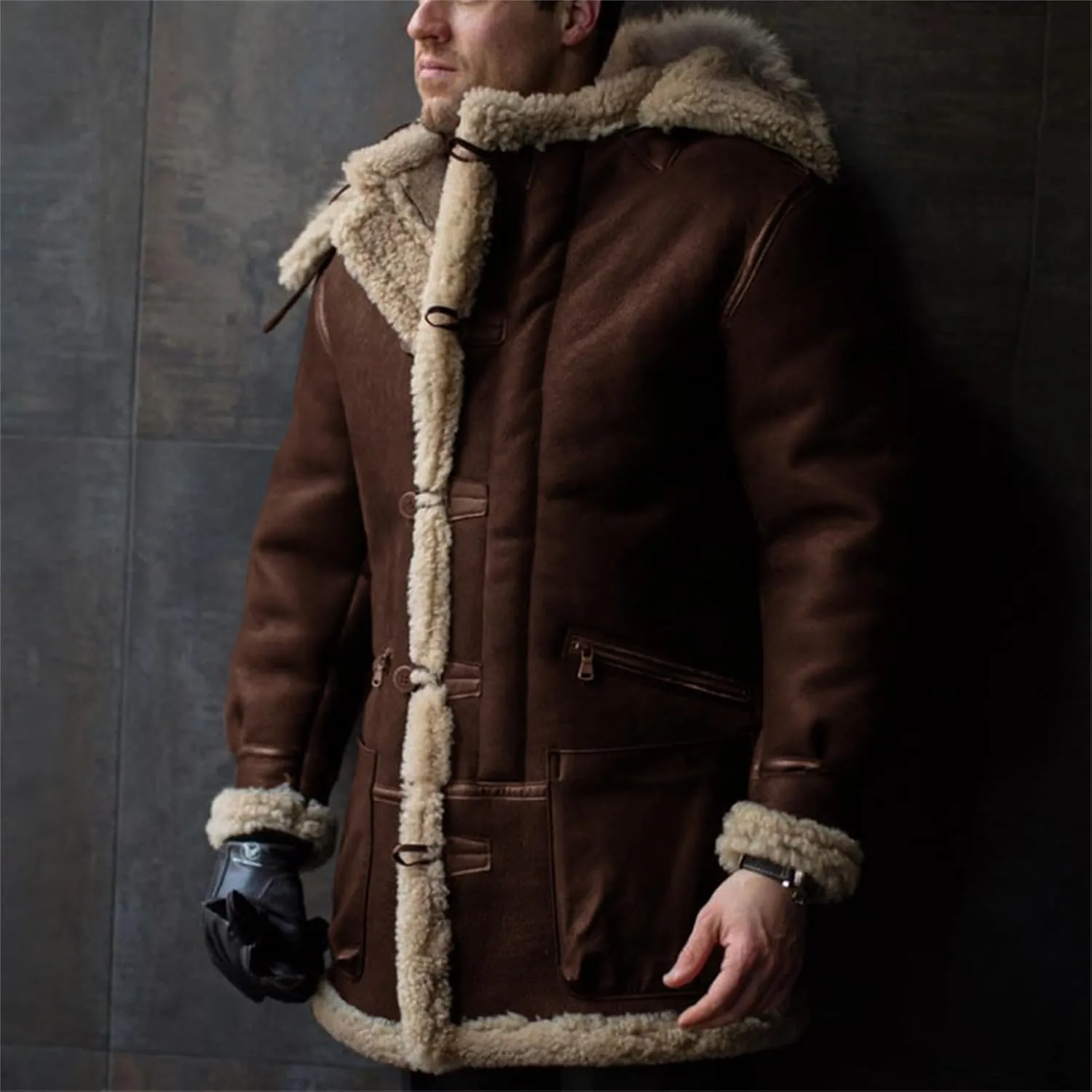 Wankang Faux Fur Coat Men Fleece Sherpa Lined Faux Leather Trench Coat Men Suede Shearling Jacket Long Trench Coat for Men