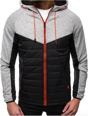 Warm Hoodies For Men Zip Up Hoodies Slim Fit Color Block Quilted Sweatshirts Jacket With Zipper Pockets
