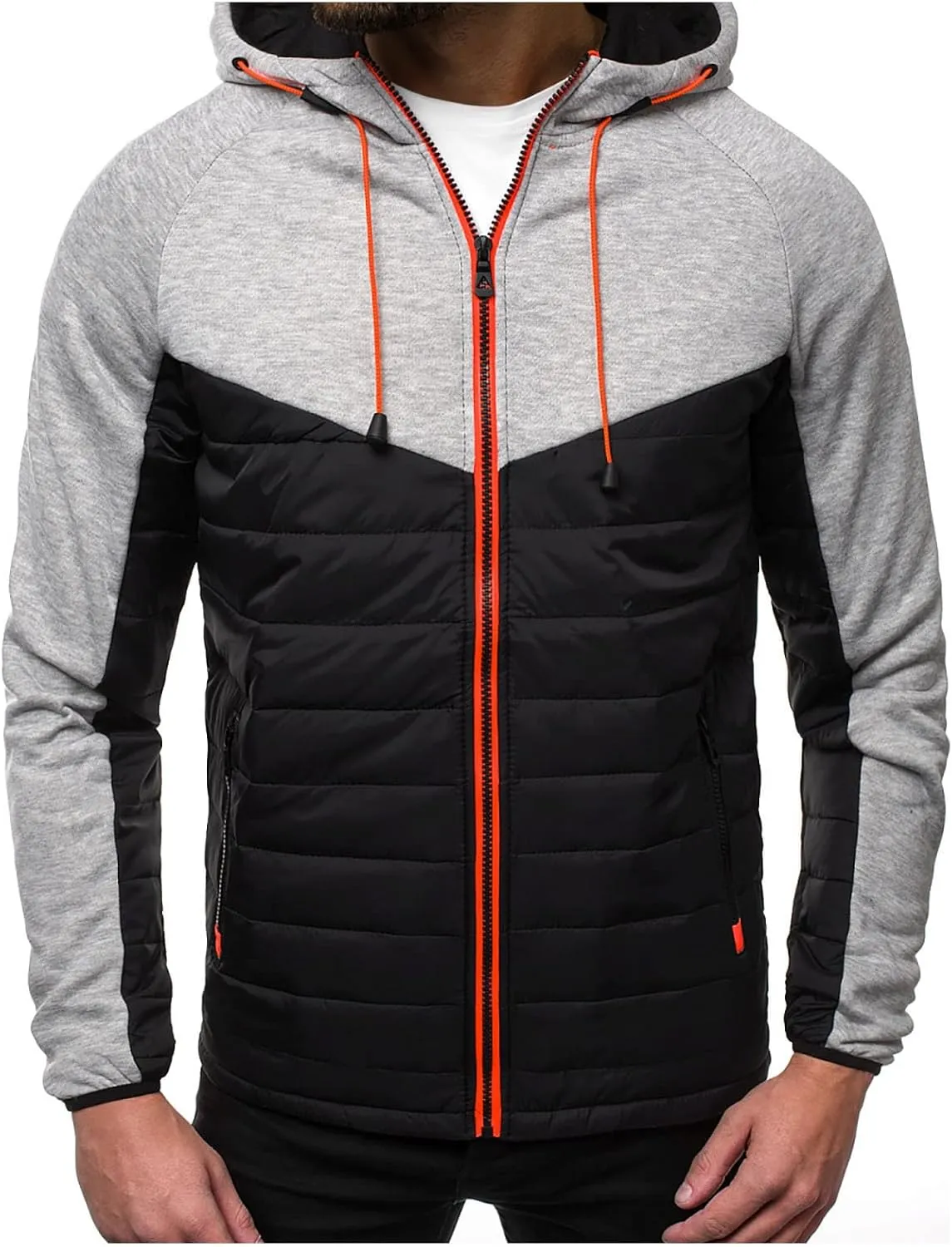 Warm Hoodies For Men Zip Up Hoodies Slim Fit Color Block Quilted Sweatshirts Jacket With Zipper Pockets