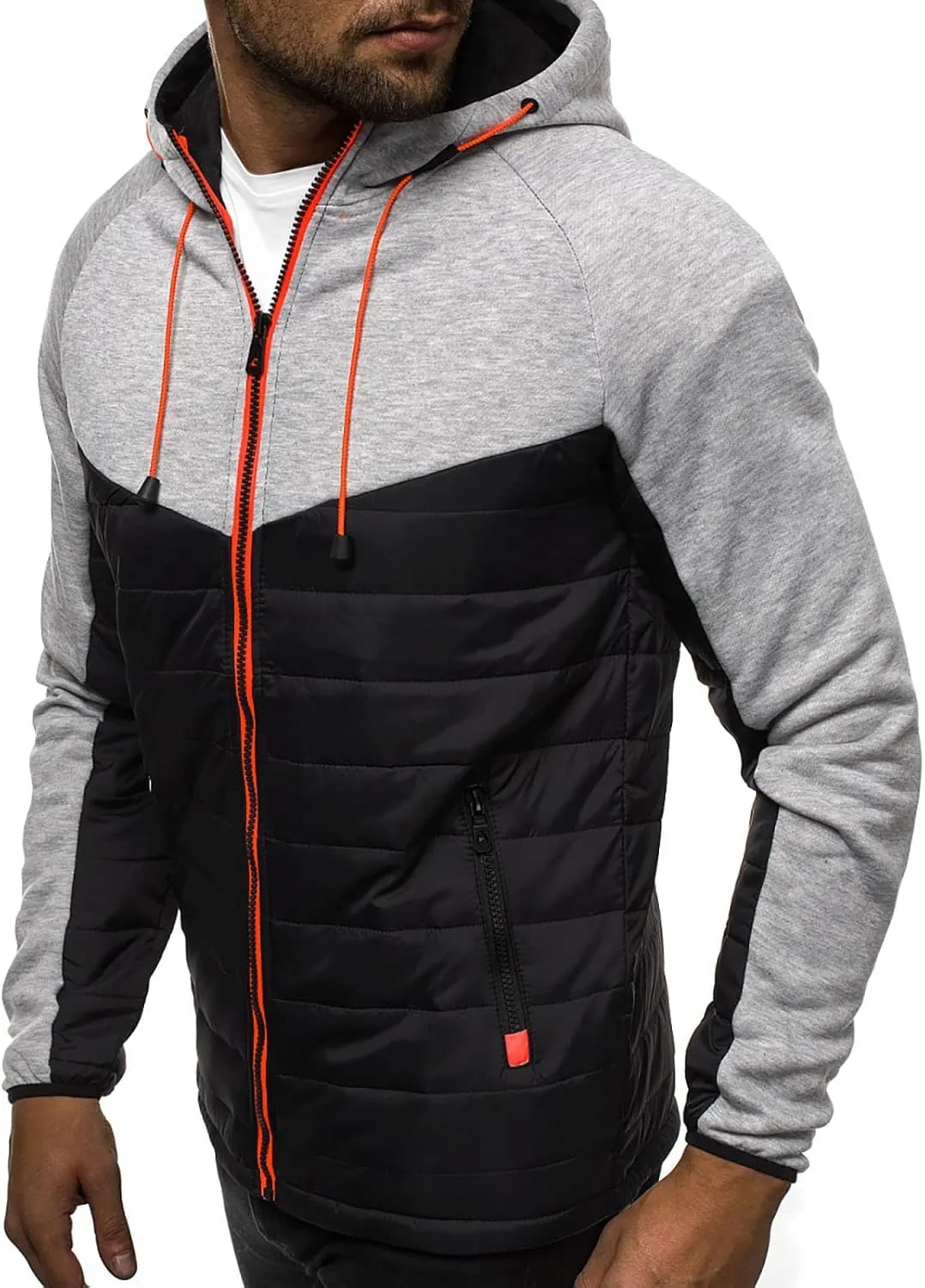 Warm Hoodies For Men Zip Up Hoodies Slim Fit Color Block Quilted Sweatshirts Jacket With Zipper Pockets