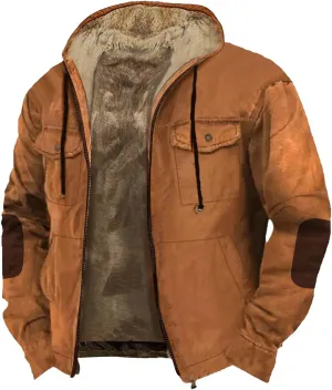 Winter Coats For Men Solid Hooded Zipper Warm Cardigan Knitted Coat Washed Duck Sherpa-Lined Utility Jacket Peacoat