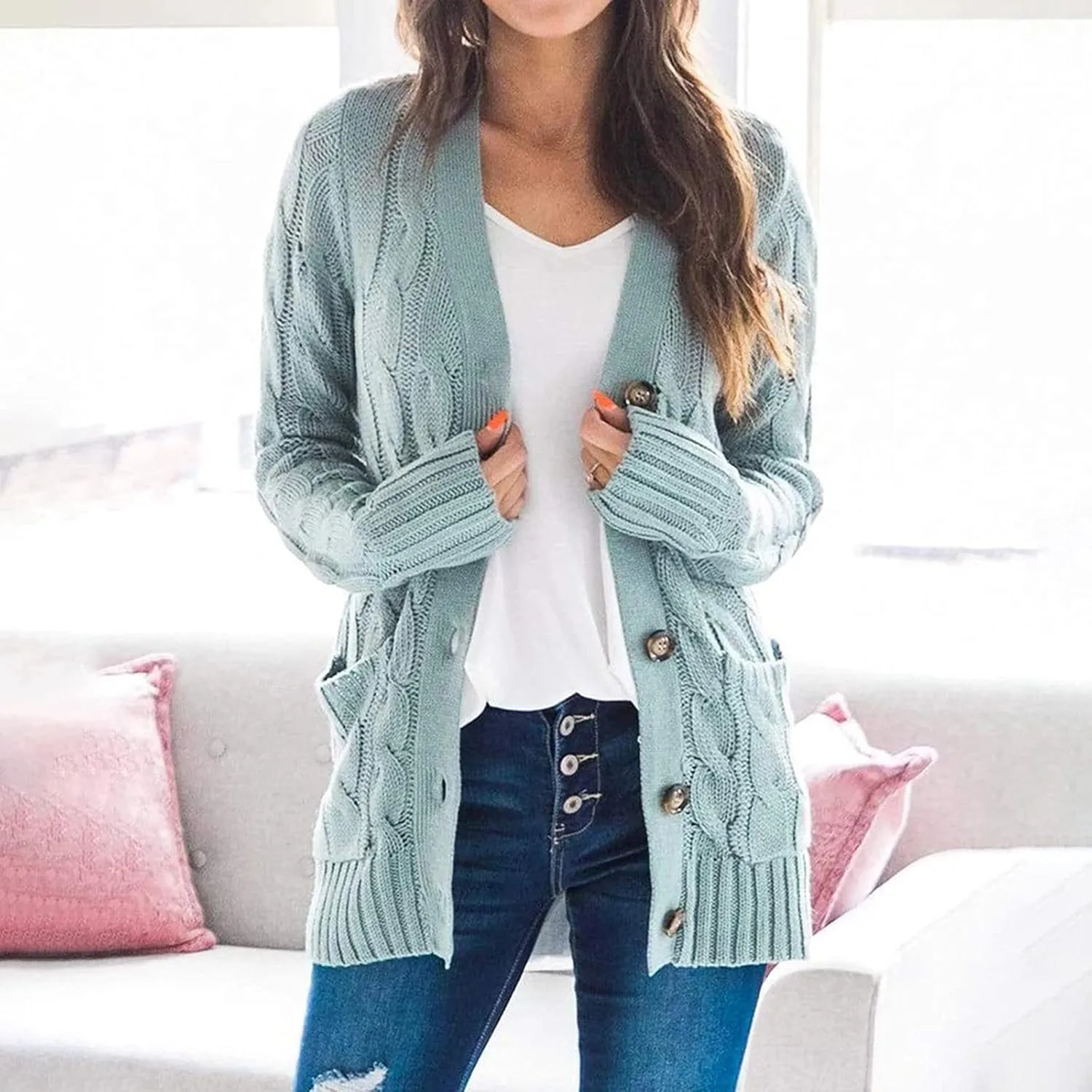 Winter Coats for Women 2025 Cable Knit Long Sleeve Sweaters Button Down Fall Outwear Coat Comfy Open Front Cardigan