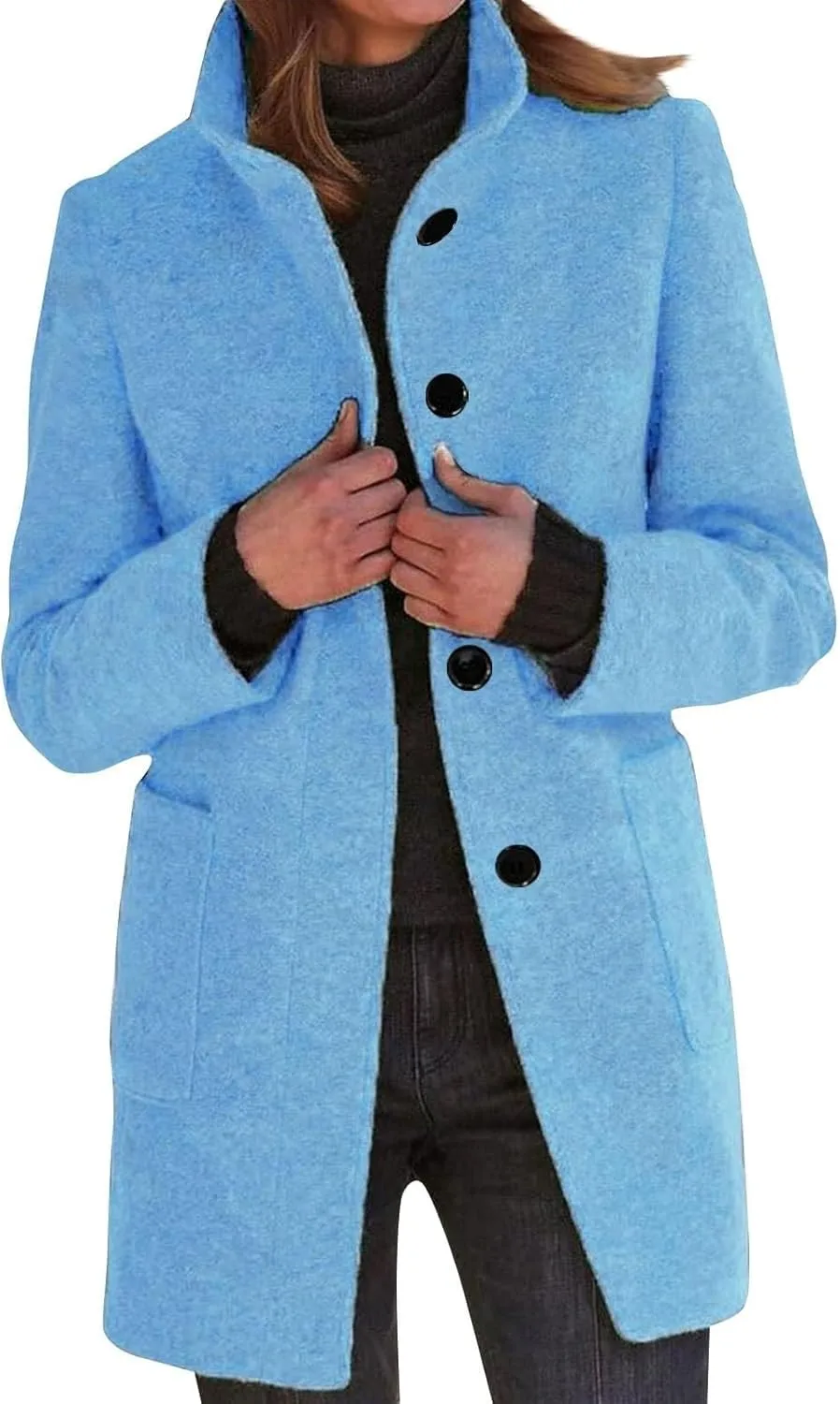 Winter Coats For Women Casual Trendy Overcoat Loose Warm Wool Blend Stand Collar Coat