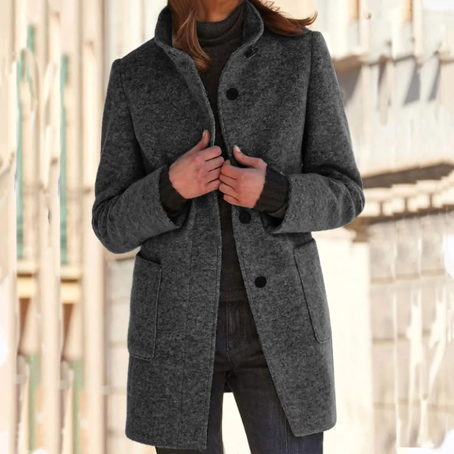 Winter Coats For Women Casual Trendy Overcoat Loose Warm Wool Blend Stand Collar Coat