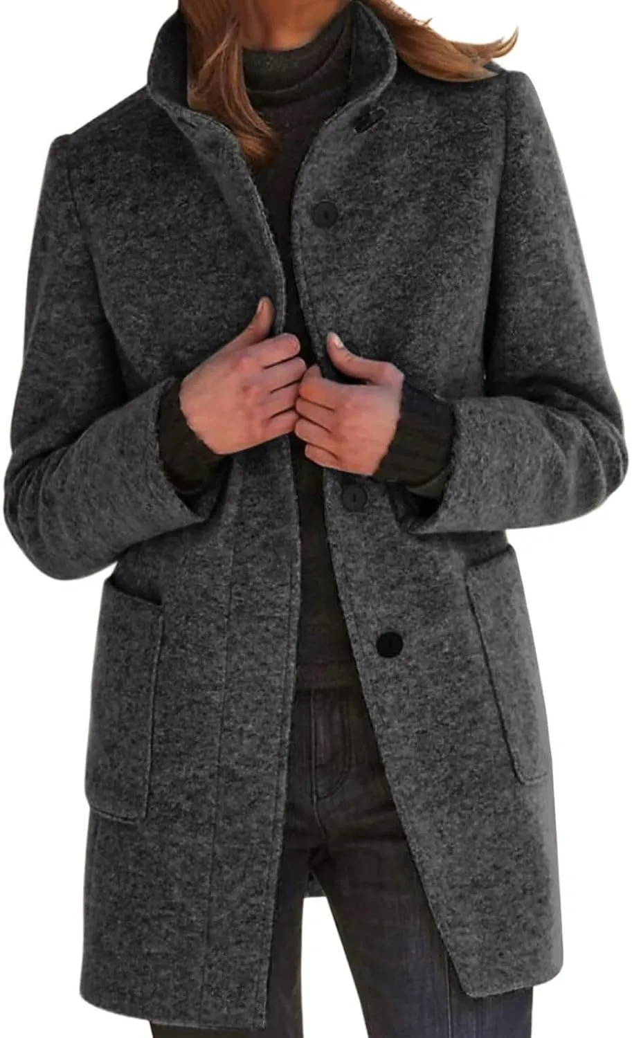 Winter Coats For Women Casual Trendy Overcoat Loose Warm Wool Blend Stand Collar Coat