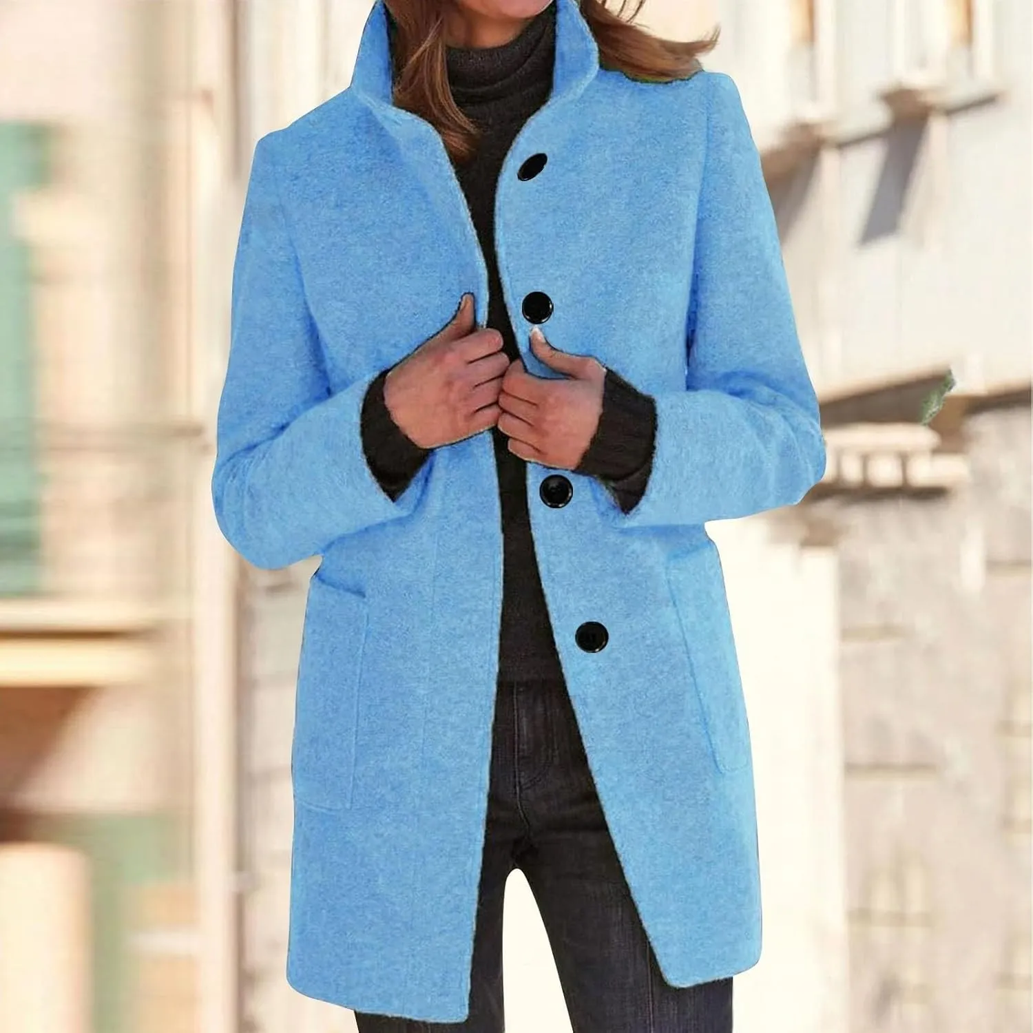 Winter Coats For Women Casual Trendy Overcoat Loose Warm Wool Blend Stand Collar Coat