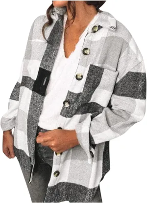 Winter Coats for Women Long Sleeve Plaid Shirts Flannel Lapel Button Down Casual Jacket Loose Outfit Coats