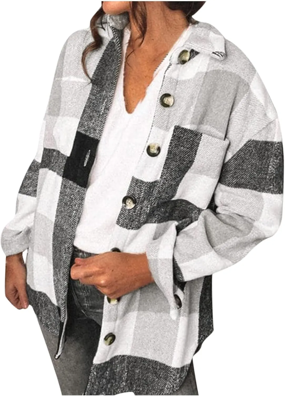 Winter Coats for Women Long Sleeve Plaid Shirts Flannel Lapel Button Down Casual Jacket Loose Outfit Coats