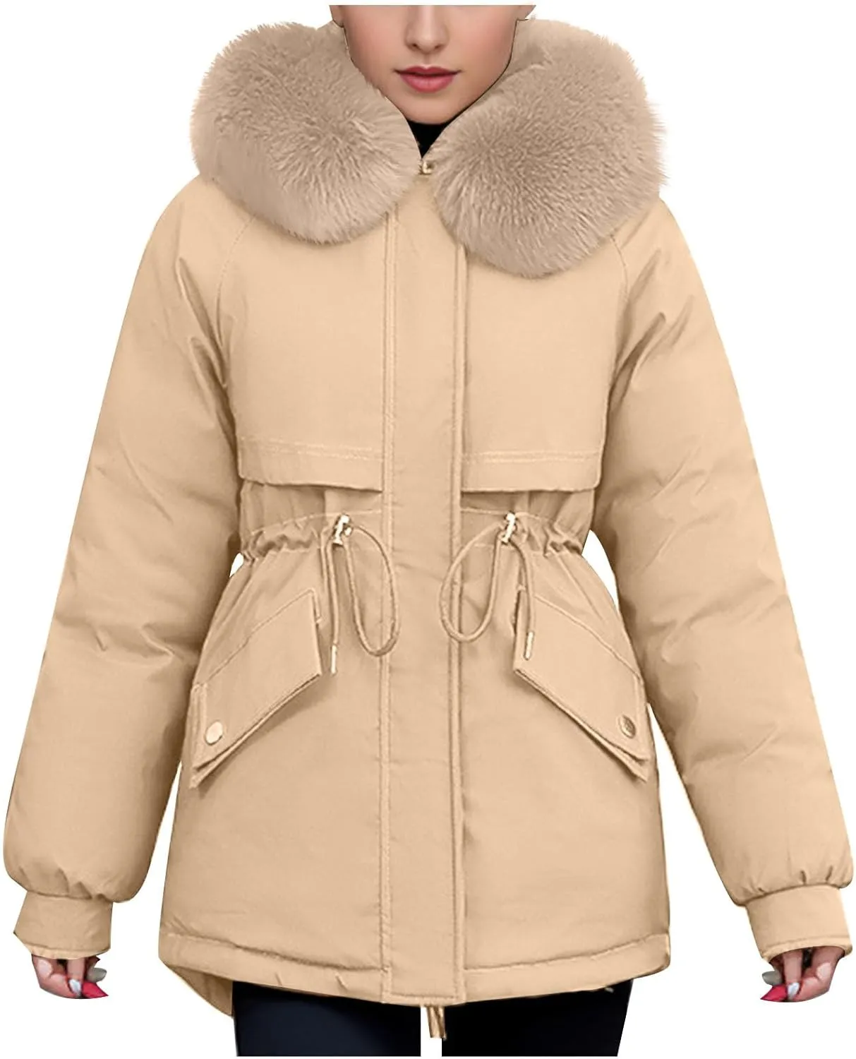 Winter Coats for Women Trendy Fur Hooded Winter Coat Drawsrting Waisr Warm Long Puffer Jacket Parka