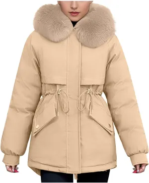 Winter Coats for Women Trendy Fur Hooded Winter Coat Drawsrting Waisr Warm Long Puffer Jacket Parka