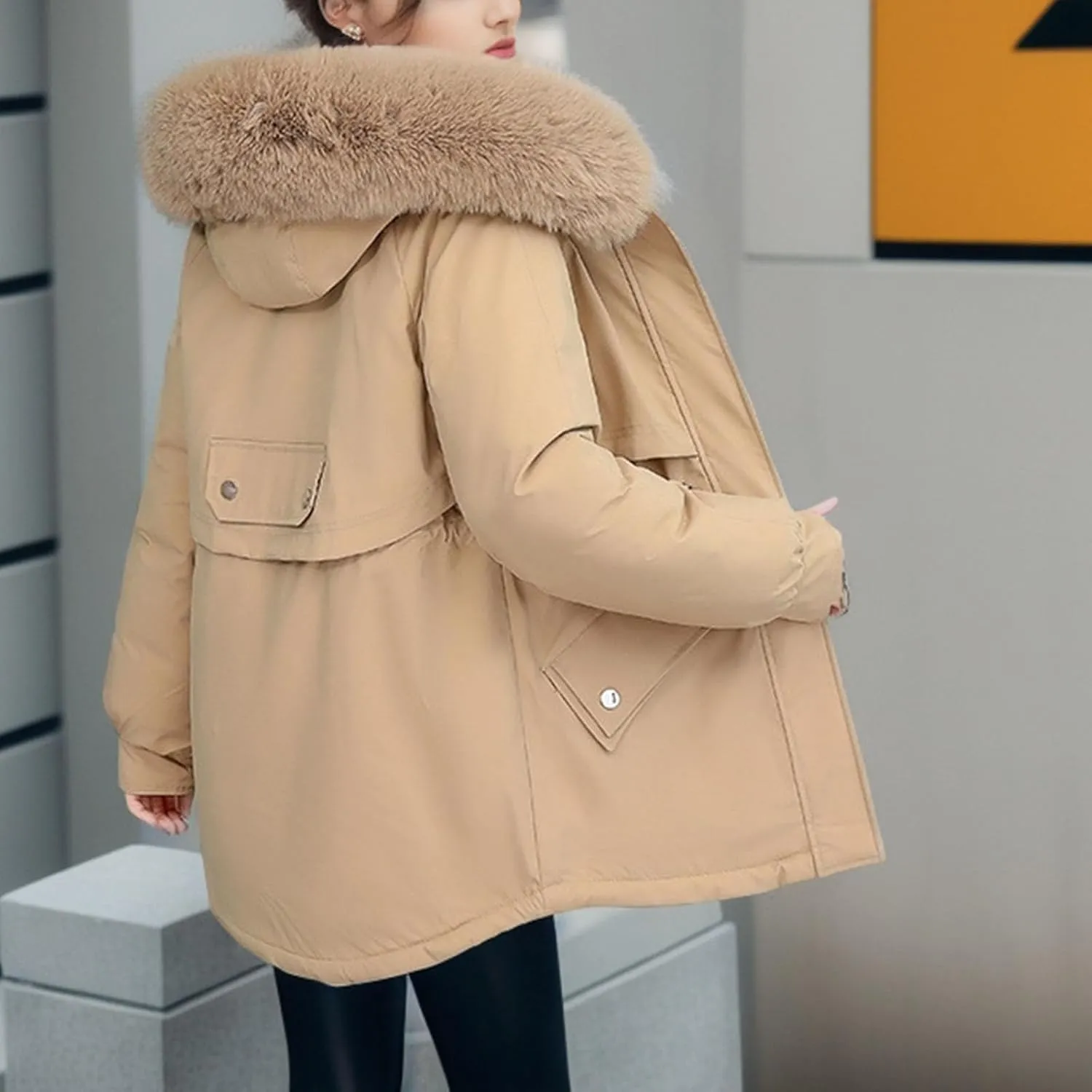 Winter Coats for Women Trendy Fur Hooded Winter Coat Drawsrting Waisr Warm Long Puffer Jacket Parka