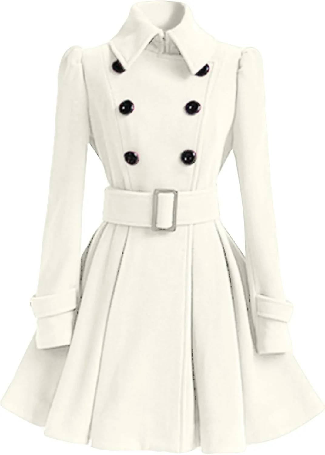 WIWIQS Women Winter Wool Blend Pea Coat Double Breasted Swing Jackets Pleated Mid-Long Outwear with Belt Buckle