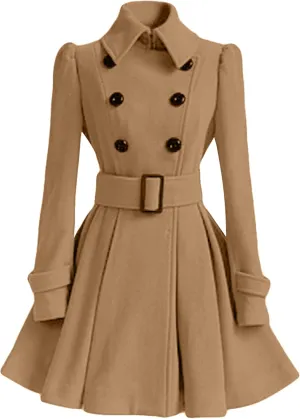 WIWIQS Women Winter Wool Blend Pea Coat Double Breasted Swing Jackets Pleated Mid-Long Outwear with Belt Buckle