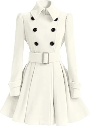 WIWIQS Women Winter Wool Blend Pea Coat Double Breasted Swing Jackets Pleated Mid-Long Outwear with Belt Buckle